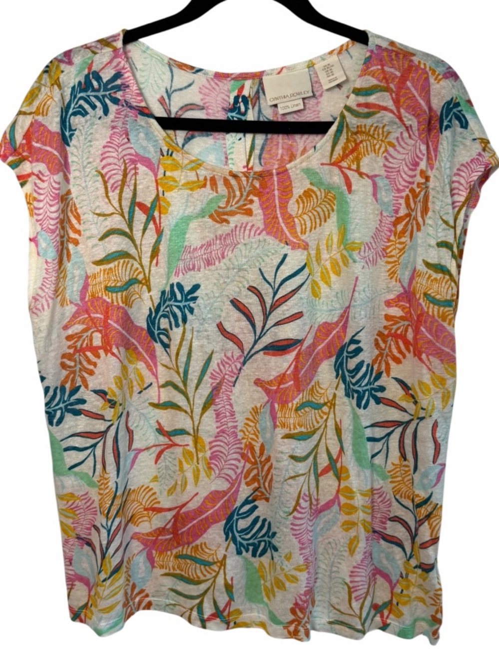 Cynthia Rowley Linen Tropical Blouse XL Button Back Coastal Boho Top Resortwear - Picture 9 of 13